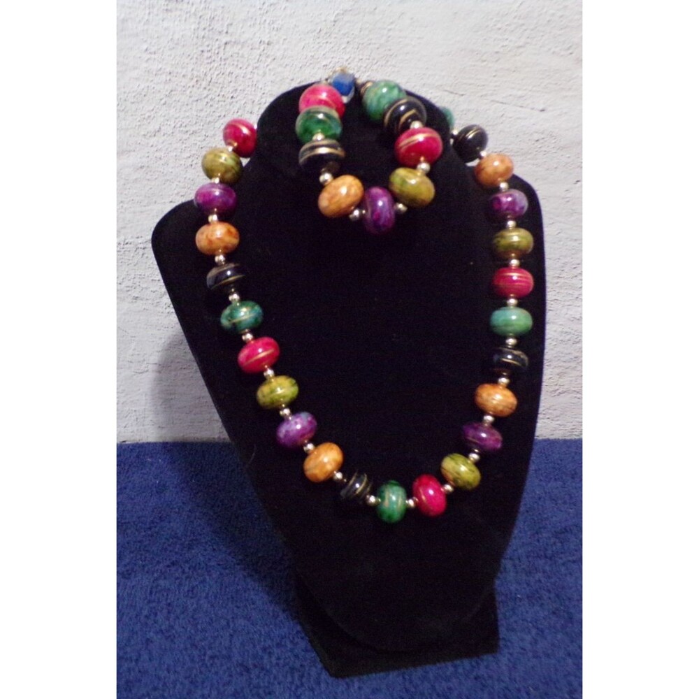 Chunky Jazzy Multicolor Beaded Necklace 18" & Bracelet 8" Set